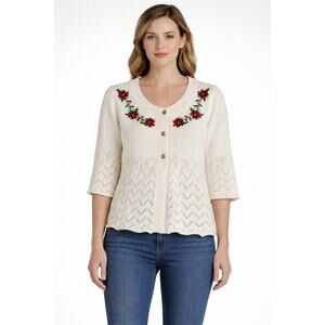 CB Career VTG Knit Cardigan Sweater Holiday Poinsettia Christmas Womens Large